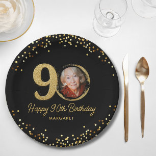 90. Geburtstag Foto Eleganter Black Gold Glitzer Pappteller