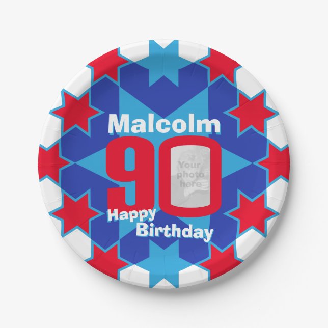 90. Geburtstag Foto Name Blue Star Papierteller (Vorderseite)