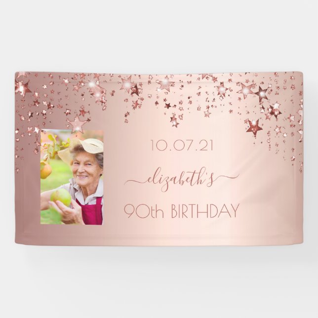 90. Geburtstag Foto Rose Gold rosa Sterne Banner (Horizontal)