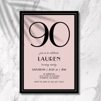 90. Geburtstag Frauen Modern Minimal Schwarz Rosa Einladung