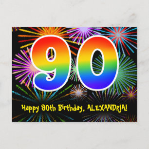 90. Geburtstag - Fun Fireworks Pattern + Rainbow 9 Postkarte