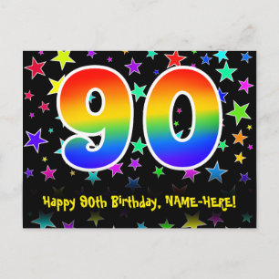 90. Geburtstag: Fun Stars Pattern, Regenbogen 90,  Postkarte