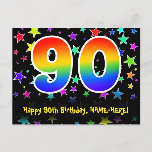 90. Geburtstag: Fun Stars Pattern, Regenbogen 90,  Postkarte (Vorderseite)