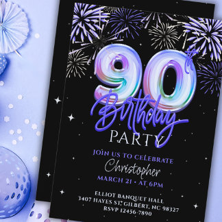 90. Geburtstag für Ihm Blue Fireworks Foil Ballon Einladung