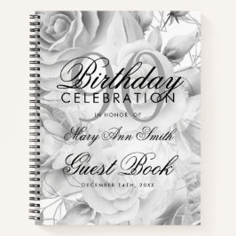 90. Geburtstag Gästebuch Party Floral Silver White Notizbuch