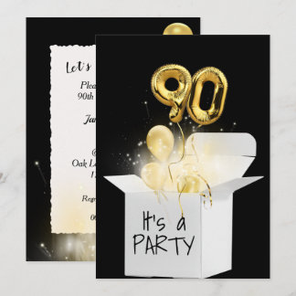 90. Geburtstag Gold Ballons in weißer Box Einladung