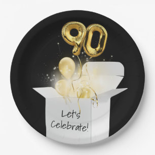 90. Geburtstag Gold Ballons in weißer Box Pappteller