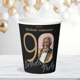 90. Geburtstag Gold Black Elegant Custom Foto Pappbecher