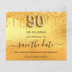 90. Geburtstag Gold Glitter Budget Save-the-Date Flyer