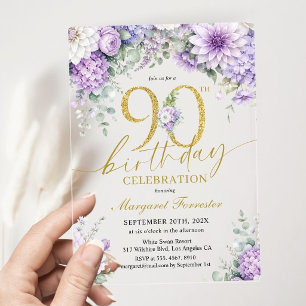 90. Geburtstag Gold Glitter Dusty Purple Floral Acryleinladungen