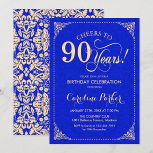 90. Geburtstag - Gold Royal Blue Damask Einladung