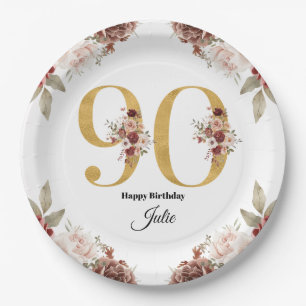 90. Geburtstag Gold- und Burgunderrote Florale Per Pappteller
