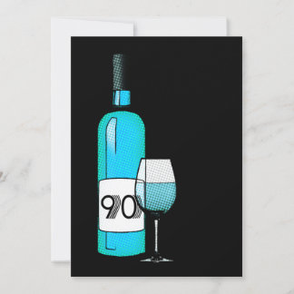 90. Geburtstag : halftone Weinflasche & Glas Einladung