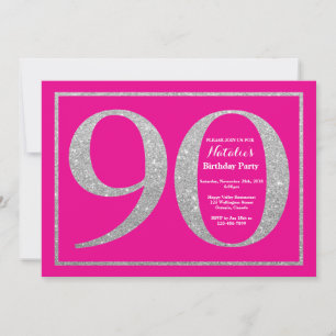 90. Geburtstag Hot Pink und Silber Glitter Einladung