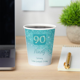 90. Geburtstag Klasse Falling Aquamarin Blue Glitz Pappbecher