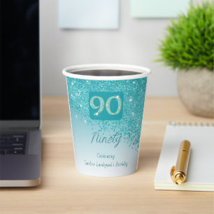 90. Geburtstag Klasse Falling Aquamarin Blue Glitz Pappbecher