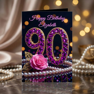 90. Geburtstag Lila Amethyst-Juwelen Rosa Rose Karte