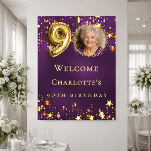 90. Geburtstag lila goldene Sterne Foto Begrüßung Poster