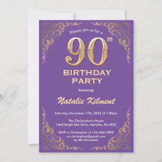 90. Geburtstag Lila und Gold Glitzer Frame Einladung
