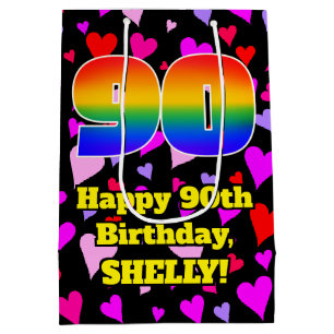 90. Geburtstag: Loving Hearts Pattern, Regenbogen Mittlere Geschenktüte