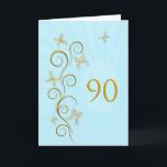 90. Geburtstag mit goldenen Schmetterlingen Karte<br><div class="desc">90. Geburtstag mit goldenen Schmetterlingen.  Eine Blumenrolle mit stylized Blumen und empfindlichen Schmetterlingen. Eine atemberaubende Geburtstagskarte. Sehen Sie die ganze Strecke der Karten für Alter und Beziehungen in meinem Speicher.  Die goldenen Schmetterlinge,  die von der empfindlichen Rollearbeit gemacht werden,  flattern um diese elegante und schöne Geburtstagskarte</div>