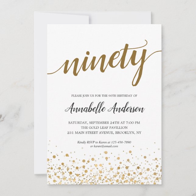 90. Geburtstag Modern Gold Confetti Dots Script Einladung (Vorderseite)