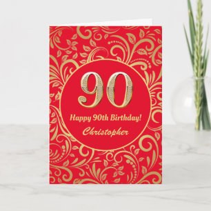 90. Geburtstag Muster Rot und Gold Floral Karte
