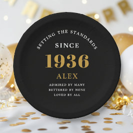 90. Geburtstag Name 1936 Schwarz Gold Elegant Chic Pappteller