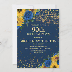 90. Geburtstag Navy Blau Gelbe Sonnenblumen Gold Einladung