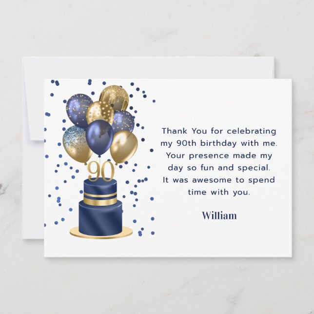 90. Geburtstag Navy Blue Balloon Cake Vielen Dank Dankeskarte (Vorderseite)