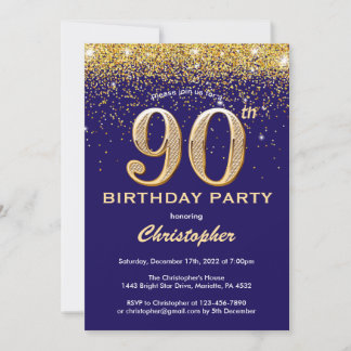 90. Geburtstag Navy Blue und Gold Glitzer Confetti Einladung