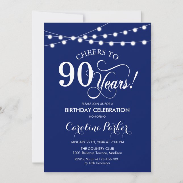 90. Geburtstag - Navy Blue White Einladung (Vorderseite)