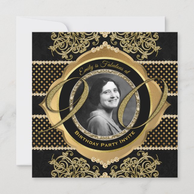 90. Geburtstag Ninetieth Gold Diamond Foto Rahmen Einladung (Vorderseite)