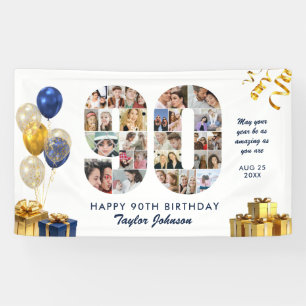 90. Geburtstag Nummer 90 Foto-Collage Weiß Gold Banner