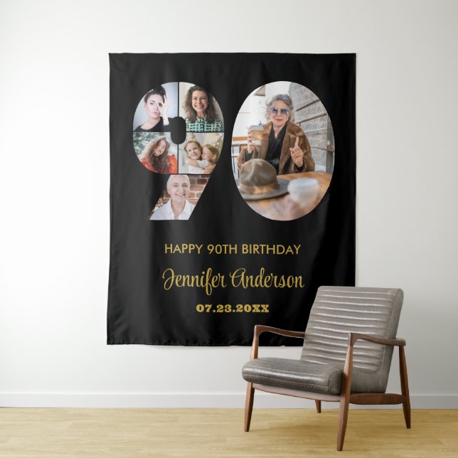 90. Geburtstag Nummer 90 FotoCollage Modernes Schw Wandteppich (Beispiel)