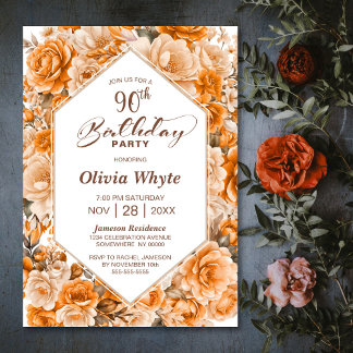 90. Geburtstag Orange Rose Blumenkohl Party Einladung