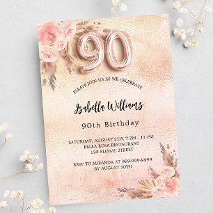 90. Geburtstag Pampas Gras Rose Gold Blume boho Einladungspostkarte