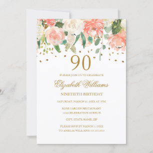 90. Geburtstag Peach Gold Floral Einladung