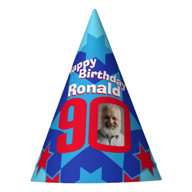 90. Geburtstag personalisierter Foto-Stern-Name Partyhütchen (Vorderseite)