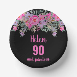 90. Geburtstag pink schwarz Aquarellblume Pappteller