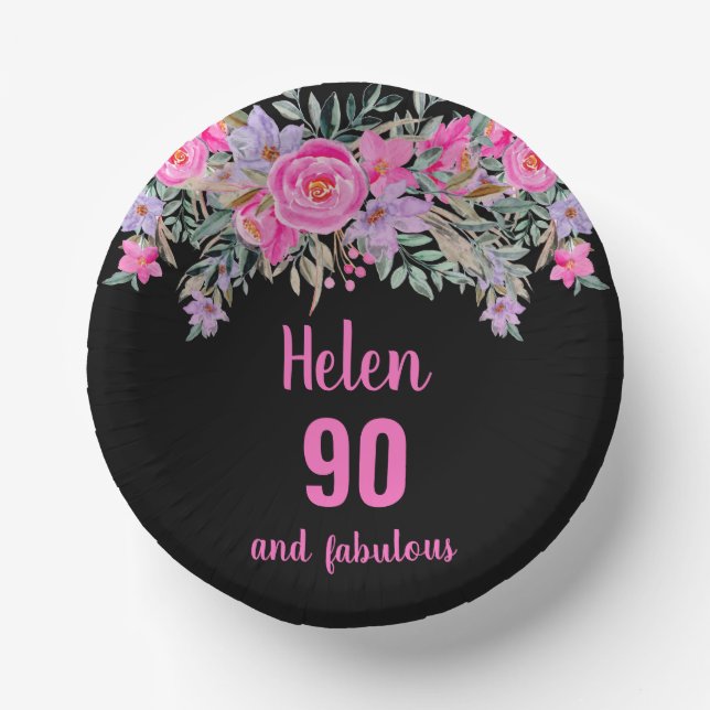 90. Geburtstag pink schwarz Aquarellblume Pappteller (Vorderseite)