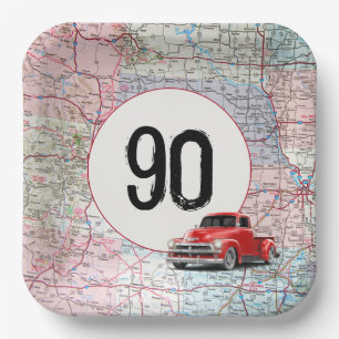90. Geburtstag Red Retro Truck auf Roadmap Pappteller