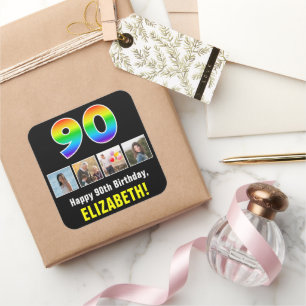 90. Geburtstag: Regenbogen "90"; benutzerdefiniert Quadratischer Aufkleber