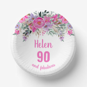 90. Geburtstag rosa Aquarellblüte Pappteller