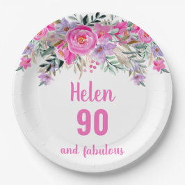 90. Geburtstag rosa Aquarellblüte Pappteller