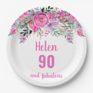 90. Geburtstag rosa Aquarellblüte Pappteller