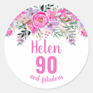 90. Geburtstag rosa Aquarellblüte Runder Aufkleber