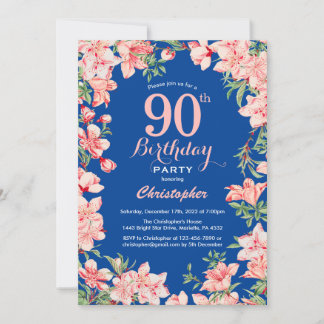 90. Geburtstag Rosa Blume Blau Einladung
