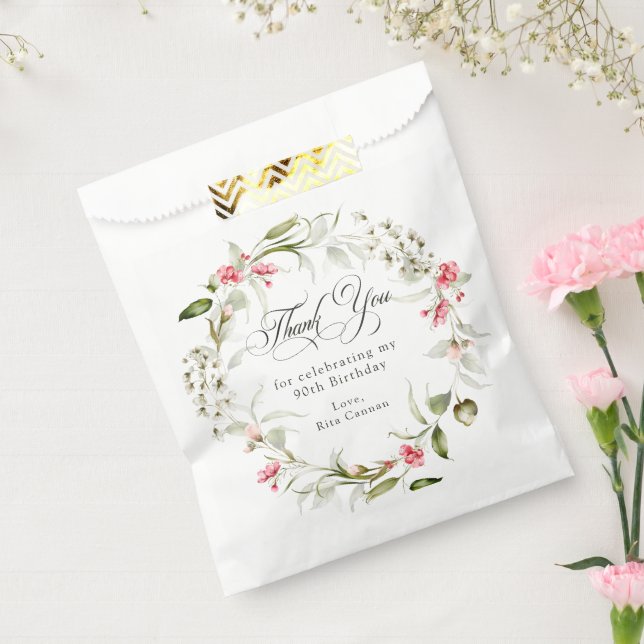 90. Geburtstag Rosa Blumen Danke Geschenktütchen (Versiegelt)