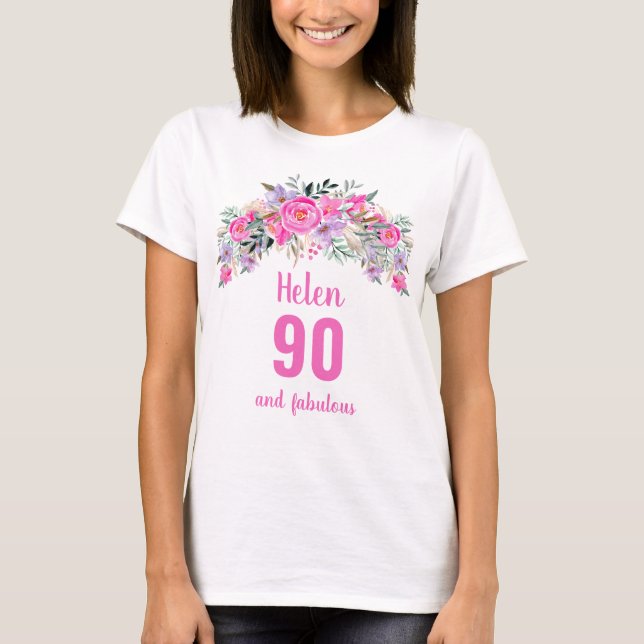 90. Geburtstag rosa Blumenbezeichnung T-Shirt (Vorderseite)